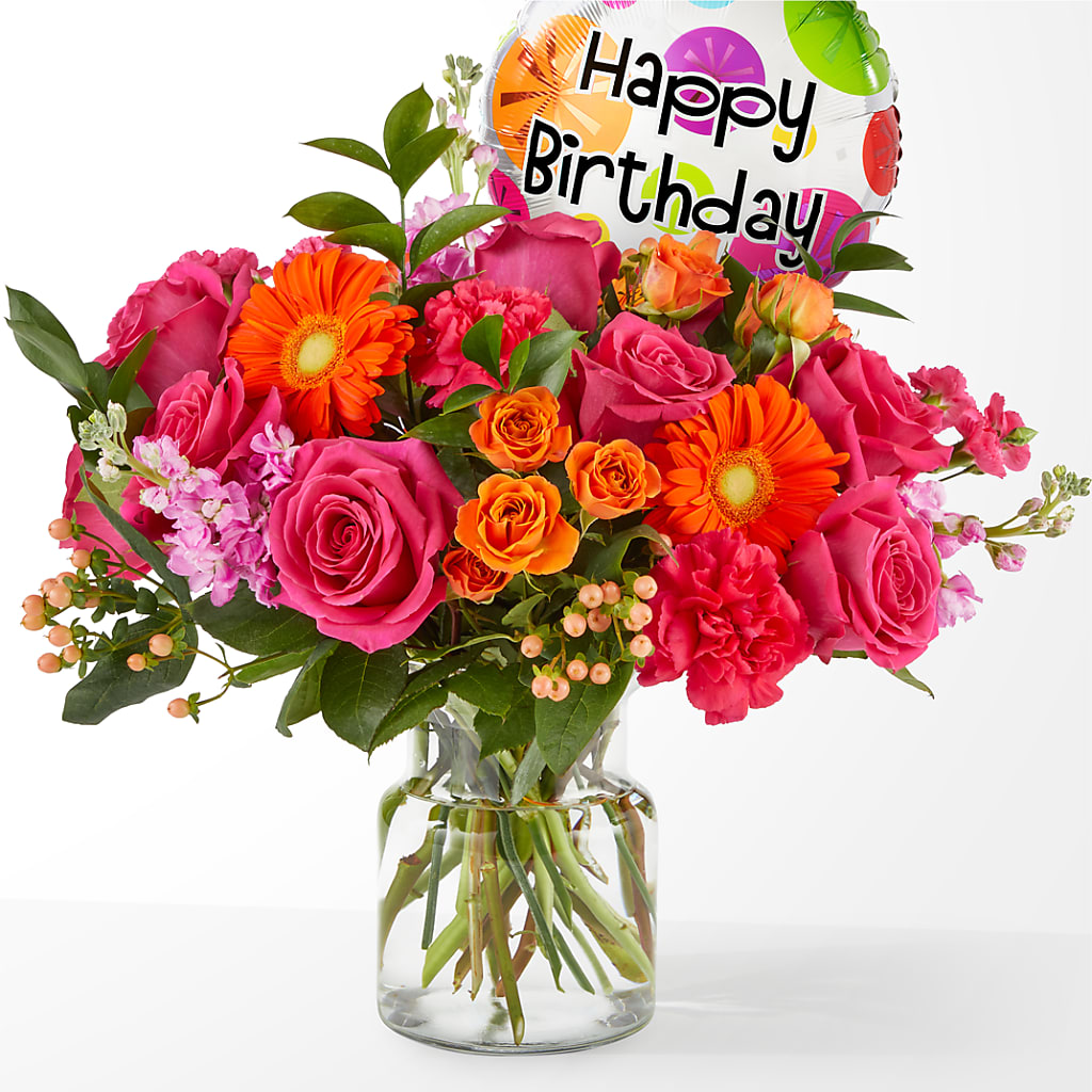 Fiesta Bouquet with Birthday Balloon – BRICK HOUSE FLORIST & GIFTS, Staunton IL