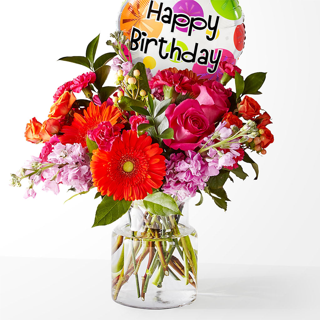 Fiesta Bouquet with Birthday Balloon – BRICK HOUSE FLORIST & GIFTS, Staunton IL