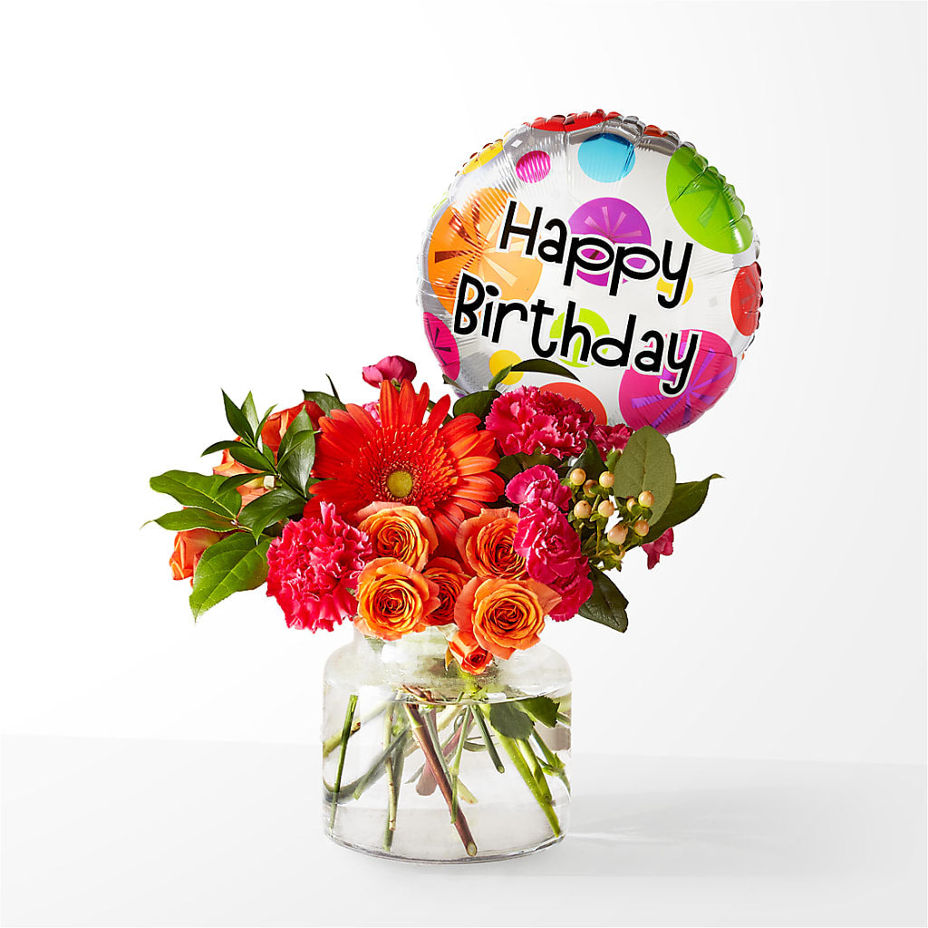 Fiesta Bouquet with Birthday Balloon – BRICK HOUSE FLORIST & GIFTS, Staunton IL