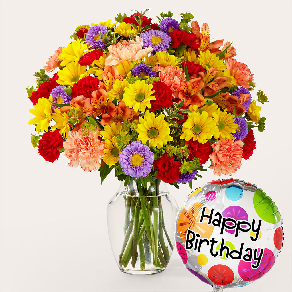 Kaleidoscope Bouquet with Birthday Balloon – BRICK HOUSE FLORIST & GIFTS, Staunton IL