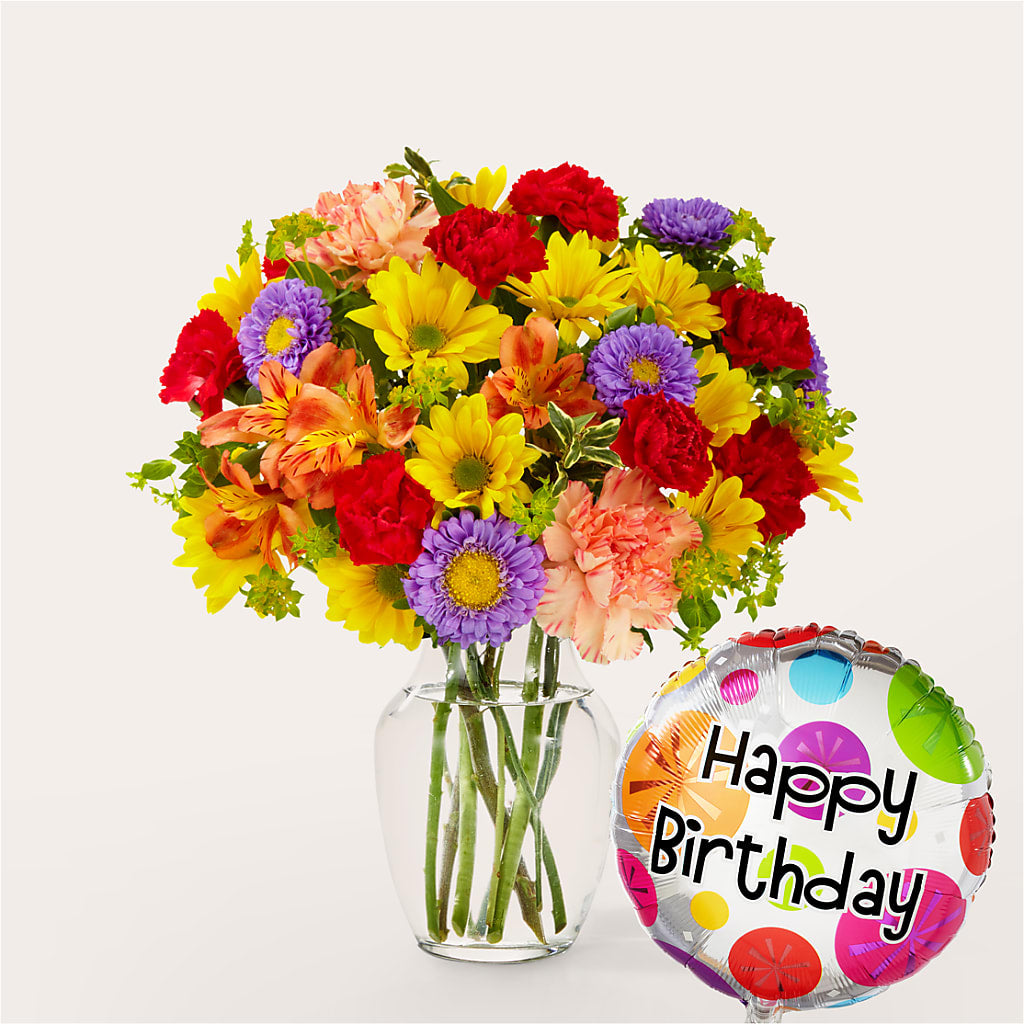 Kaleidoscope Bouquet with Birthday Balloon – BRICK HOUSE FLORIST & GIFTS, Staunton IL