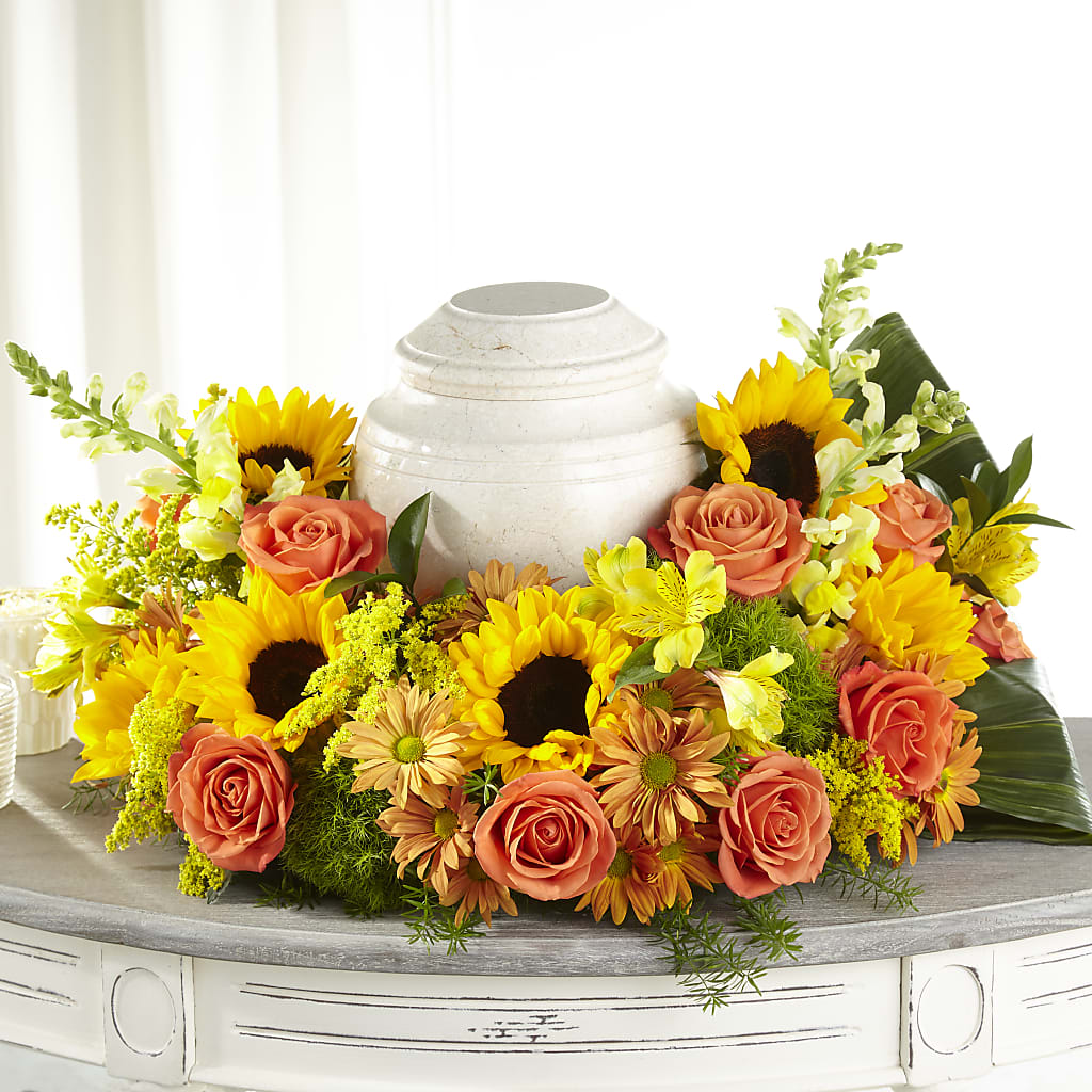 Faithful Sunflower Cremation Adornment – BRICK HOUSE FLORIST & GIFTS, Staunton IL