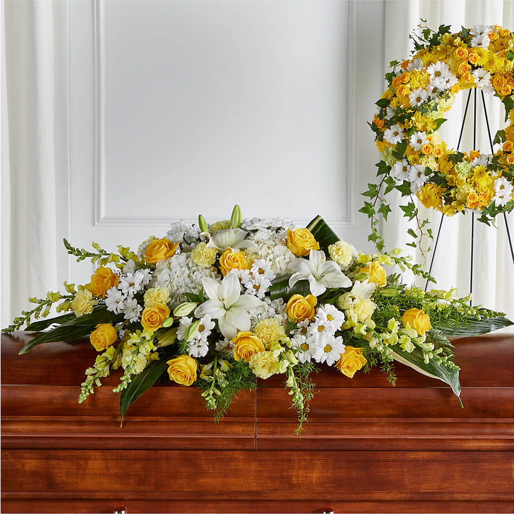 Golden Harmony Casket Spray – BRICK HOUSE FLORIST & GIFTS, Staunton IL