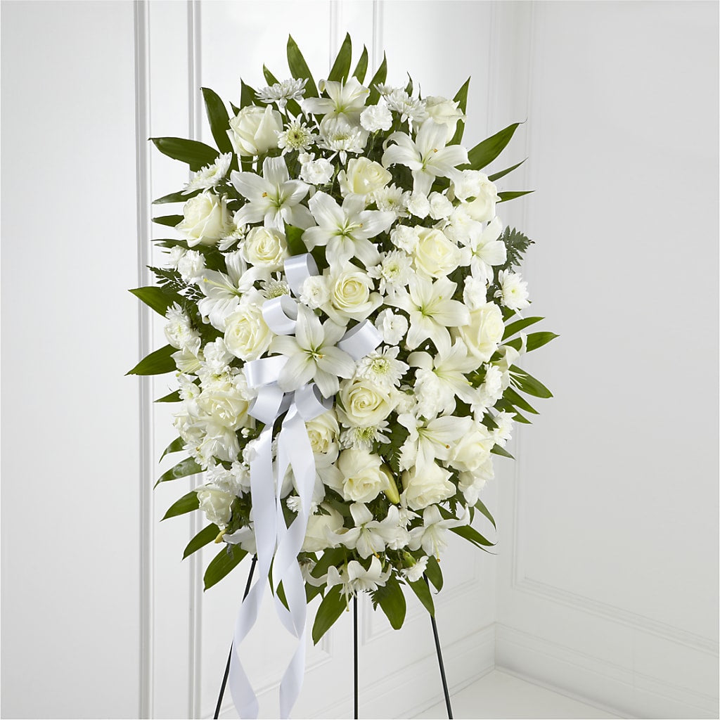Exquisite Tribute Standing Spray-White Ribbon – BRICK HOUSE FLORIST & GIFTS, Staunton IL