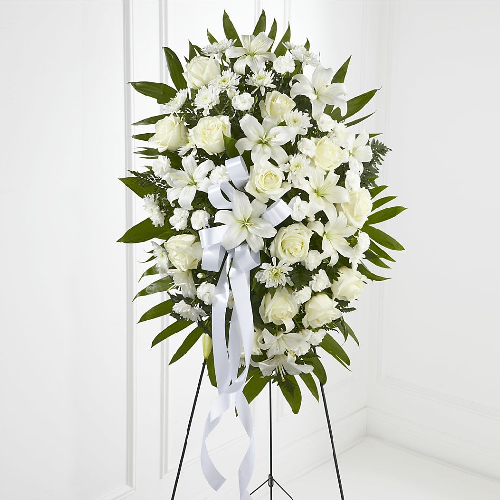 Exquisite Tribute Standing Spray-White Ribbon – BRICK HOUSE FLORIST & GIFTS, Staunton IL
